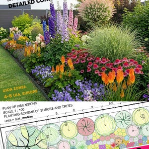 Könnte beinhalten: Ein Gartendesign-Dokument mit einem Foto eines Blumenbeets mit violetten, rosa und orangefarbenen Blumen sowie einem technischen Pflanzschema mit Maßen in Fuß und Metern, beschriftet mit MIXED BORDER, LONG FLOWERING PERIOD, DETAILED CONSTRUCTION PLANS.