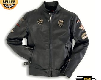 Ducati Meccanica Vintage Leather Jacket Men's Classic Touring Motorcycle Style.