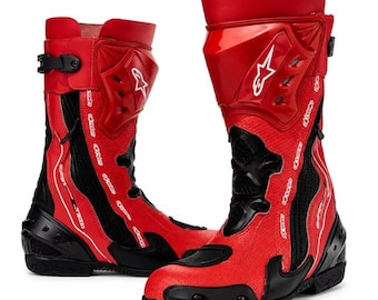 Red Black CE Motorcycle Racing Boots Leather Biker Riding Shoes.