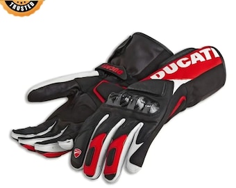 Ducati Performance C3 Racing Leather Gloves Red White CE Armored Motorcycle Riding Gloves.