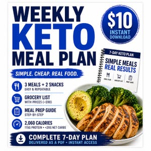 May include: An advertisement for a weekly keto meal plan, featuring the text "WEEKLY KETO MEAL PLAN" in blue. It promotes a 7-day plan with 3 meals and 2 snacks, a grocery list, and a meal prep guide. The image includes a plate of food and a "£10 Instant Download" badge.