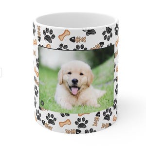 Puppy Photo Mug | Paw Print Bone Pattern Ceramic Mug
