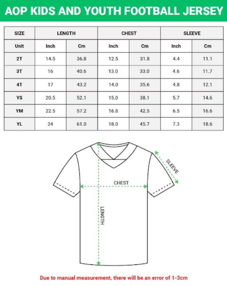 K&ouml;nnte beinhalten: Eine Gr&ouml;&szlig;entabelle f&uuml;r ein AOP-Kinder- und Jugend-Fu&szlig;balltrikot mit L&auml;ngen-, Brust- und &Auml;rmelma&szlig;en in Zoll und Zentimetern f&uuml;r die Gr&ouml;&szlig;en 2T bis YL sowie eine Strichzeichnung eines Trikots mit V-Ausschnitt und markierten Pfeilen.