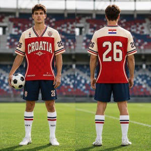 K&ouml;nnte beinhalten: Ein Fu&szlig;balltrikot-Set in Creme, Rot und Marineblau mit der Aufschrift CROATIA, der Nummer 26 und einer kleinen kroatischen Flagge. Das Set enth&auml;lt marineblaue Shorts mit der Nummer 26 und wei&szlig;e kniehohe Socken mit blau-roten Streifen.