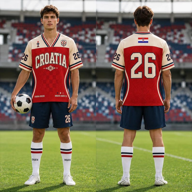 K&ouml;nnte beinhalten: Ein Fu&szlig;balltrikot-Set in Creme, Rot und Marineblau mit der Aufschrift CROATIA, der Nummer 26 und einer kleinen kroatischen Flagge. Das Set enth&auml;lt marineblaue Shorts mit der Nummer 26 und wei&szlig;e kniehohe Socken mit blau-roten Streifen.