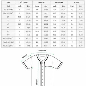 Pode incluir: Diagrama de uma camisola de baseball para crian&ccedil;as e jovens com medidas em polegadas e cent&iacute;metros. A tabela inclui tamanhos de 6 meses a 16 anos, detalhando as dimens&otilde;es do peito, comprimento, ombro e manga.