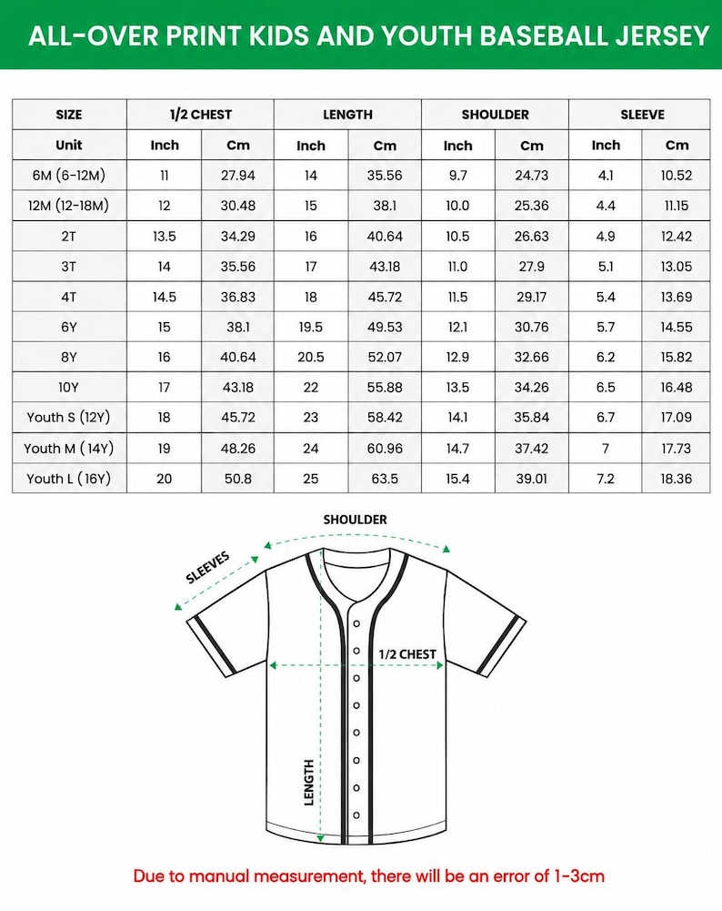 Pode incluir: Diagrama de uma camisola de baseball para crian&ccedil;as e jovens com medidas em polegadas e cent&iacute;metros. A tabela inclui tamanhos de 6 meses a 16 anos, detalhando as dimens&otilde;es do peito, comprimento, ombro e manga.