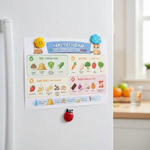 May include: A refrigerator magnet displaying a "Hamster Food Map" with illustrations of foods. The map is held in place by two hamster-shaped magnets and a ladybug magnet. The map categorizes foods as "Yes," "Sometimes," "Rare Treats," and "Never Foods."