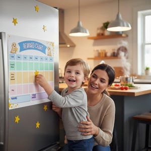 May include: A reward chart with the text "Reward Chart" and illustrations of a dog. A young child is placing a yellow star sticker on the chart, with a woman smiling beside them. Yellow star-shaped magnets are on the refrigerator.