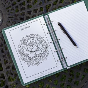 Peut inclure: Un journal vert ouvert, révélant des pages lignées et un stylo noir. La page de gauche présente une illustration florale en noir et blanc avec le mot "Pivoines". Le journal est posé sur une table en métal sombre, avec une pelouse verte en arrière-plan.