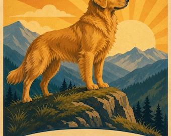 Golden-Retriever-Wandbild, Geschenkidee für Hundebesitzer, Vintage-Reiseposter-Stil, Sofort-Download