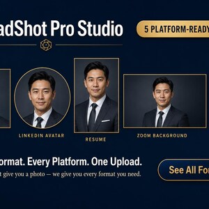 K&ouml;nnte beinhalten: Werbung f&uuml;r HeadShot Pro Studio, mit einem Mann im Anzug in verschiedenen Formaten: Instagram, LinkedIn Avatar, Lebenslauf, Zoom-Hintergrund und Ausweis/ID. Der Text lautet: &bdquo;Jedes Format. Jede Plattform. Ein Upload.&ldquo;