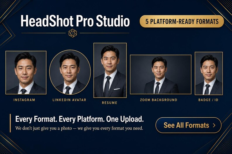 K&ouml;nnte beinhalten: Werbung f&uuml;r HeadShot Pro Studio, mit einem Mann im Anzug in verschiedenen Formaten: Instagram, LinkedIn Avatar, Lebenslauf, Zoom-Hintergrund und Ausweis/ID. Der Text lautet: &bdquo;Jedes Format. Jede Plattform. Ein Upload.&ldquo;