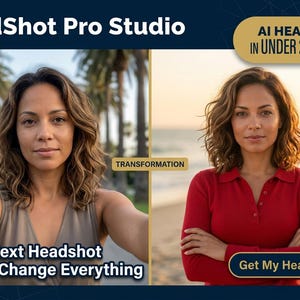 K&ouml;nnte beinhalten: Werbebild f&uuml;r HeadShot Pro Studio. Das Bild zeigt eine Frau vor und nach einer Portr&auml;taufnahme-Transformation. Der Text enth&auml;lt "AI Headshots in Under 24 Hours" und "Your Next Headshot Could Change Everything."