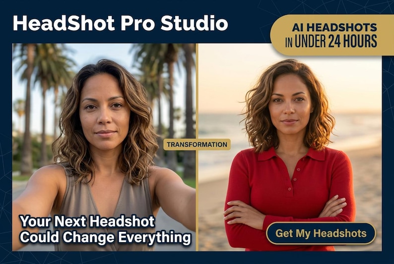 K&ouml;nnte beinhalten: Werbebild f&uuml;r HeadShot Pro Studio. Das Bild zeigt eine Frau vor und nach einer Portr&auml;taufnahme-Transformation. Der Text enth&auml;lt "AI Headshots in Under 24 Hours" und "Your Next Headshot Could Change Everything."