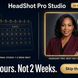 K&ouml;nnte beinhalten: Werbung f&uuml;r HeadShot Pro Studio. Das Bild zeigt eine Frau in einem weinroten Blazer, einen Kalender und eine Kamera. Der Text enth&auml;lt "24-HOUR DELIVERY" und "24 Hours. Not 2 Weeks."