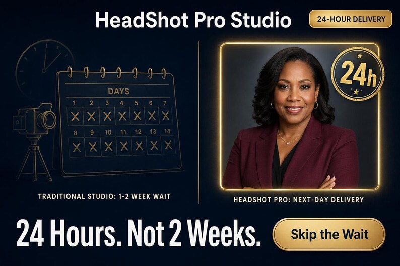 K&ouml;nnte beinhalten: Werbung f&uuml;r HeadShot Pro Studio. Das Bild zeigt eine Frau in einem weinroten Blazer, einen Kalender und eine Kamera. Der Text enth&auml;lt "24-HOUR DELIVERY" und "24 Hours. Not 2 Weeks."