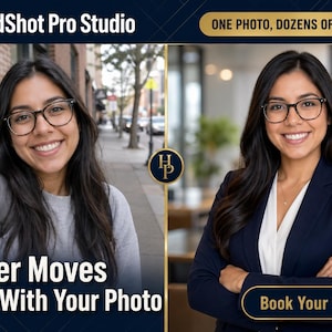 K&ouml;nnte beinhalten: Werbebild f&uuml;r einen Headshot-Service, das ein l&auml;ssiges &bdquo;Vorher&ldquo;-Foto mit einem professionellen &bdquo;Nachher&ldquo;-Headshot vergleicht. Das Bild zeigt eine Frau in beiden Aufnahmen. Der Text enth&auml;lt &bdquo;HeadShot Pro Studio&ldquo;, &bdquo;Power Moves Start With Your Photo&ldquo; und &bdquo;Book Your Session&ldquo;.