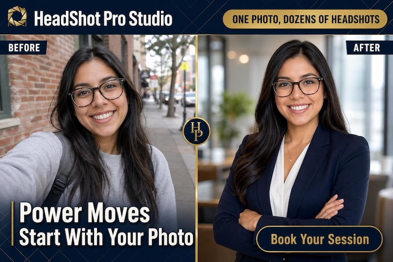K&ouml;nnte beinhalten: Werbebild f&uuml;r einen Headshot-Service, das ein l&auml;ssiges &bdquo;Vorher&ldquo;-Foto mit einem professionellen &bdquo;Nachher&ldquo;-Headshot vergleicht. Das Bild zeigt eine Frau in beiden Aufnahmen. Der Text enth&auml;lt &bdquo;HeadShot Pro Studio&ldquo;, &bdquo;Power Moves Start With Your Photo&ldquo; und &bdquo;Book Your Session&ldquo;.