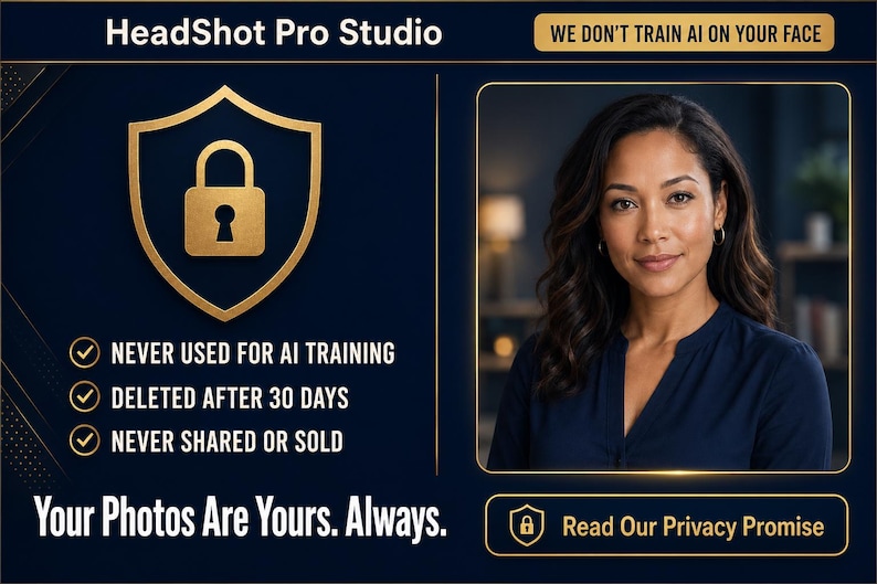 K&ouml;nnte beinhalten: Werbebild f&uuml;r HeadShot Pro Studio. Das Bild zeigt eine Frau in einem marineblauen Oberteil, ein goldenes Schild mit einem Vorh&auml;ngeschloss und den Text "WE DON'T TRAIN AI ON YOUR FACE". Weitere Texte sind "NEVER USED FOR AI TRAINING", "DELETED AFTER 30 DAYS" und "NEVER SHARED OR SOLD".