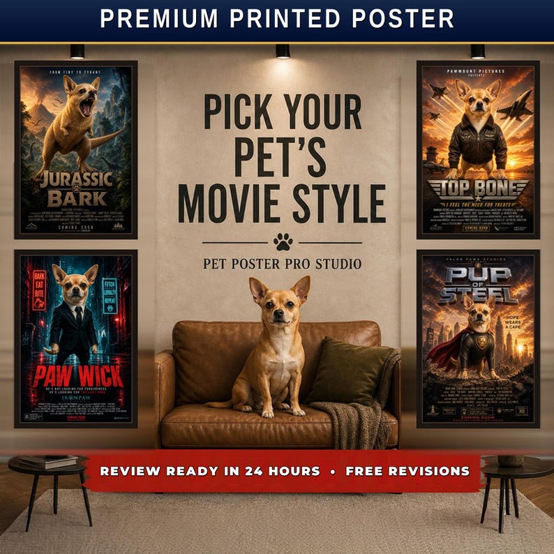 Custom pet movie poster, your dog or cat as the star of a cinematic Hollywood scene, made-to-order matte poster print