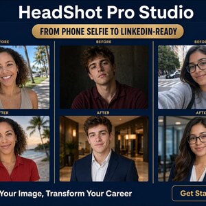 K&ouml;nnte beinhalten: Werbung f&uuml;r HeadShot Pro Studio, die Vorher-Nachher-Bilder von Personen zeigt. Der Text lautet "Vom Handy-Selfie zum LinkedIn-Ready" und "Verwandeln Sie Ihr Image, verwandeln Sie Ihre Karriere."
