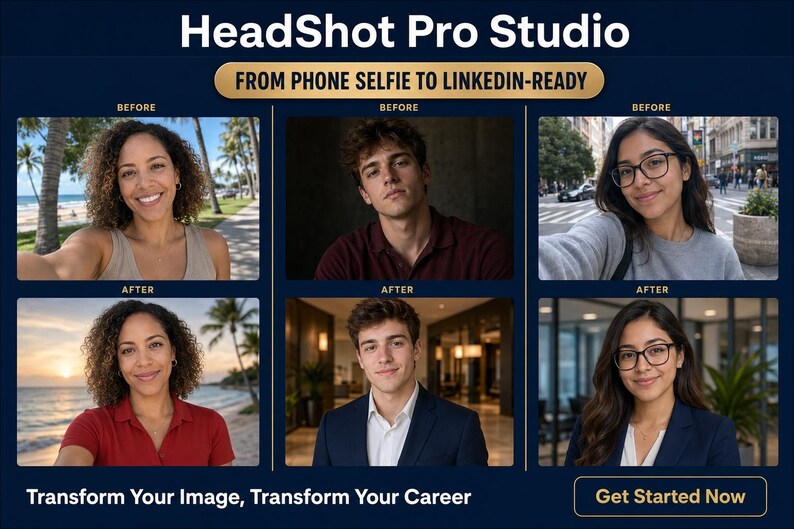 K&ouml;nnte beinhalten: Werbung f&uuml;r HeadShot Pro Studio, die Vorher-Nachher-Bilder von Personen zeigt. Der Text lautet "Vom Handy-Selfie zum LinkedIn-Ready" und "Verwandeln Sie Ihr Image, verwandeln Sie Ihre Karriere."