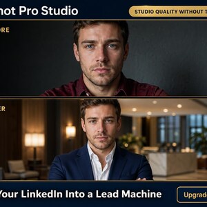K&ouml;nnte beinhalten: Werbung f&uuml;r HeadShot Pro Studio. Das Bild zeigt einen Vorher-Nachher-Vergleich eines M&auml;nner-Portr&auml;tfotos. Der Text lautet "Verwandeln Sie Ihr LinkedIn in eine Lead-Maschine" und "Foto aktualisieren".