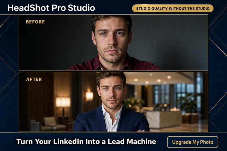 K&ouml;nnte beinhalten: Werbung f&uuml;r HeadShot Pro Studio. Das Bild zeigt einen Vorher-Nachher-Vergleich eines M&auml;nner-Portr&auml;tfotos. Der Text lautet "Verwandeln Sie Ihr LinkedIn in eine Lead-Maschine" und "Foto aktualisieren".