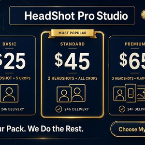K&ouml;nnte beinhalten: Dunkelblaue Grafik mit drei Preisstufen f&uuml;r HeadShot Pro Studio. Die Stufen sind Basic, Standard und Premium, mit Preisen von 25, 45 und 65 Euro. Jede Stufe beinhaltet eine unterschiedliche Anzahl von Fotos und Zuschnitten, mit 24-Stunden-Lieferung.