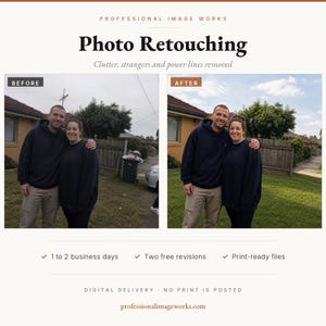 May include: A side-by-side comparison showing professional photo retouching services. The left image shows a couple in front of a house with power lines and clutter, while the right image shows the same couple with the background elements removed.