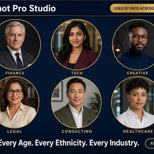 K&ouml;nnte beinhalten: Werbung f&uuml;r HeadShot Pro Studio mit sechs professionellen Portr&auml;ts in kreisf&ouml;rmigen Rahmen, die jeweils eine andere Branche repr&auml;sentieren: Finanzen, Technik, Kreativ, Recht, Beratung und Gesundheitswesen. Der Text lautet: &bdquo;Jedes Alter. Jede Ethnizit&auml;t. Jede Branche.&ldquo;