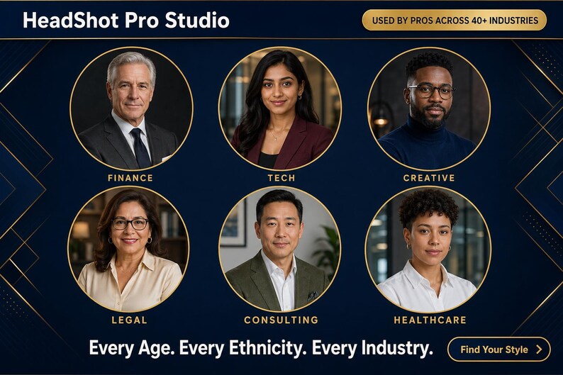 K&ouml;nnte beinhalten: Werbung f&uuml;r HeadShot Pro Studio mit sechs professionellen Portr&auml;ts in kreisf&ouml;rmigen Rahmen, die jeweils eine andere Branche repr&auml;sentieren: Finanzen, Technik, Kreativ, Recht, Beratung und Gesundheitswesen. Der Text lautet: &bdquo;Jedes Alter. Jede Ethnizit&auml;t. Jede Branche.&ldquo;