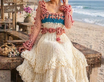 Patrón de vestido de hada de ganchillo estilo boho / Vestido largo floral con volantes (descarga en PDF)