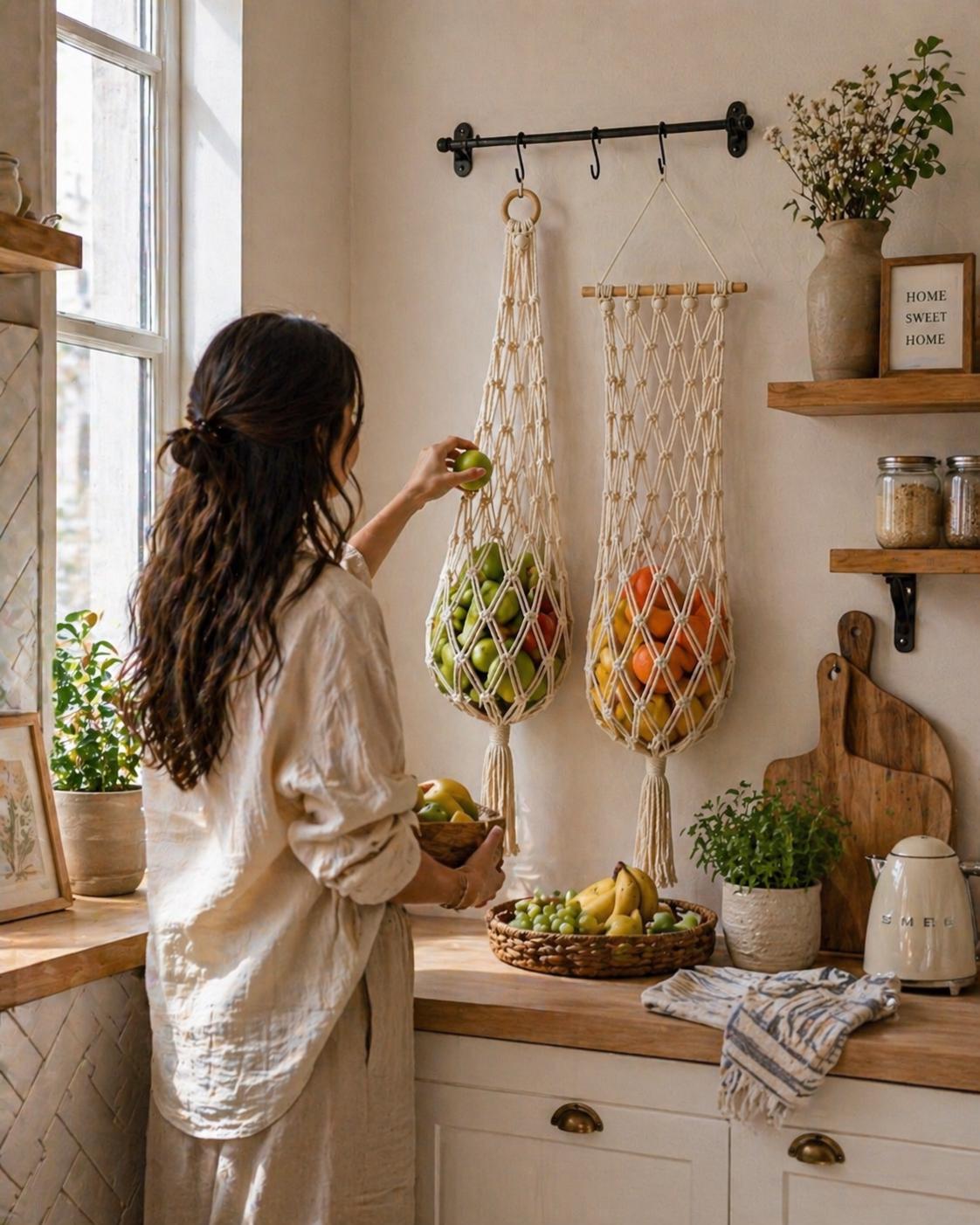 Macrame Fruit Hanging Basket Pattern | Boho Kitchen Storage Organizer ...