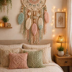 May include: A bedroom with a bohemian theme, featuring a large dreamcatcher with a cream crocheted centre and pastel accents. The bed has decorative pillows in pink and green, and a woven blanket. A bedside table with a lamp and a small plant completes the cosy scene.