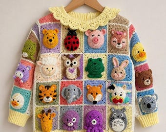 Patrón de suéter de ganchillo para niños "Amigos del zoológico", apliques de animales cuadrados de la abuela (patrón en PDF)