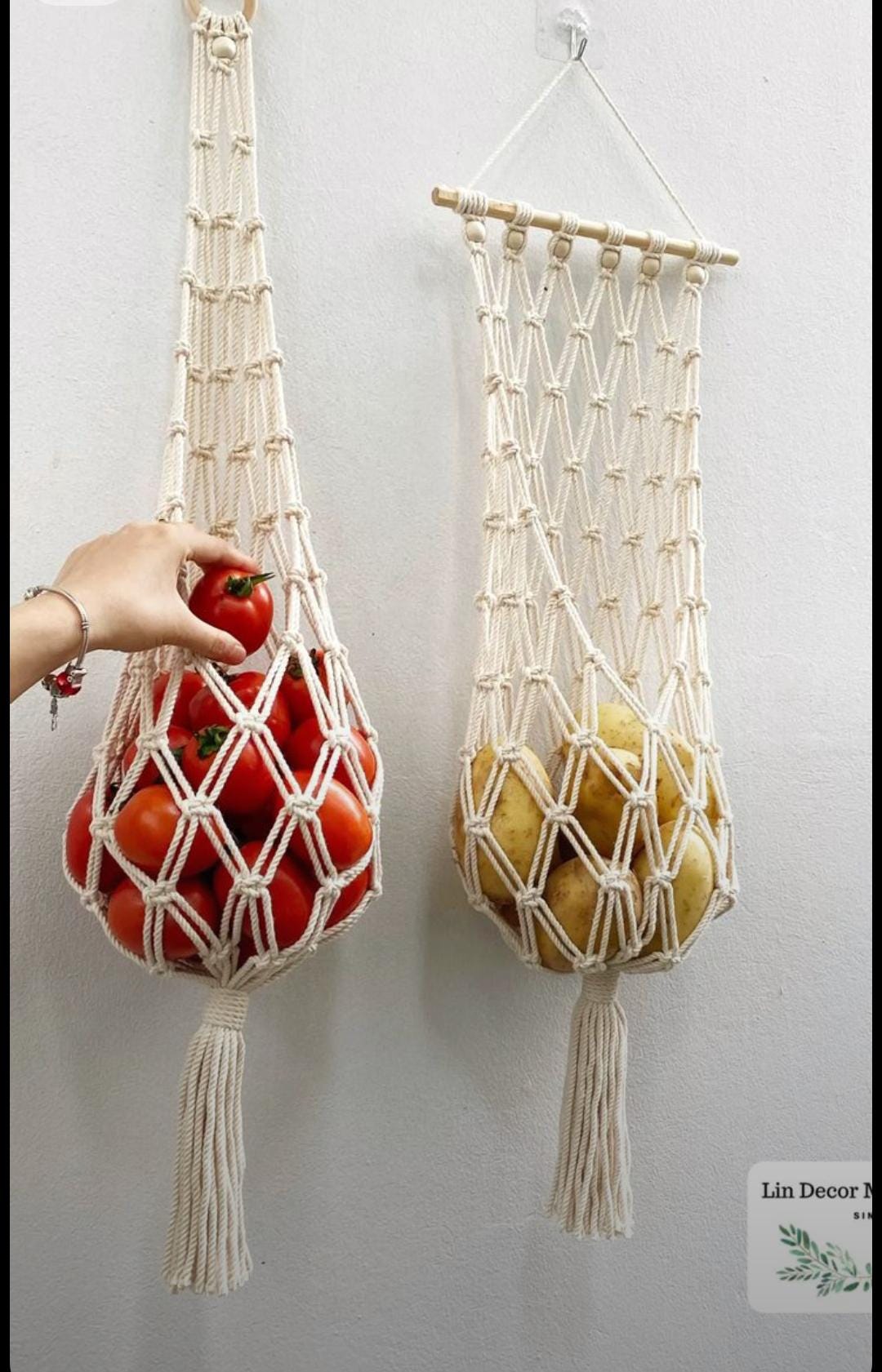Macrame Fruit Hanging Basket Pattern | Boho Kitchen Storage Organizer ...