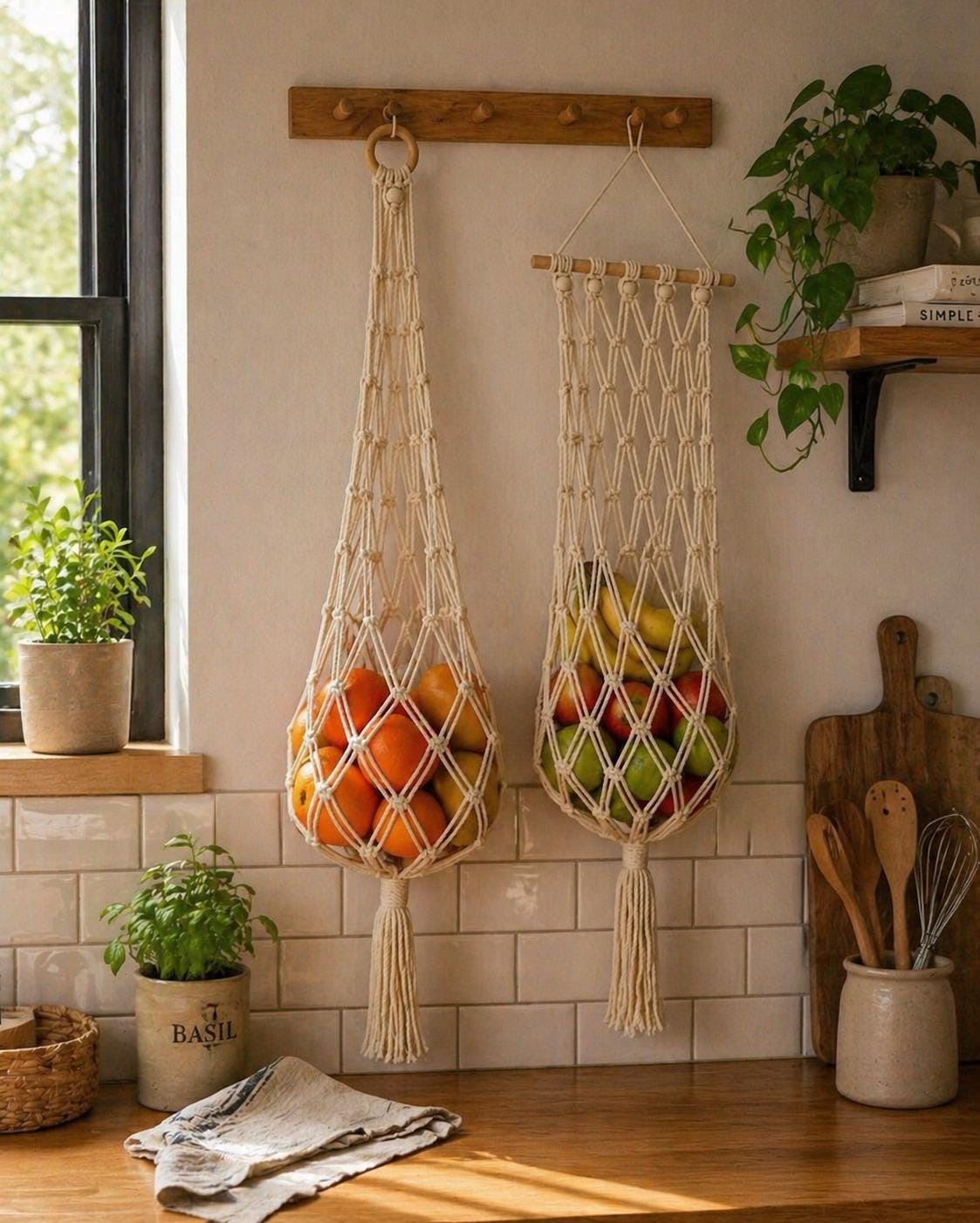Macrame Fruit Hanging Basket Pattern | Boho Kitchen Storage Organizer ...