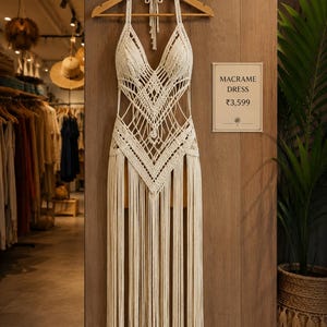Könnte beinhalten: Ein cremefarbenes Makramee-Kleid hängt an einem Holzbügel vor einer holzgetäfelten Wand. Das Kleid hat einen Neckholder-Ausschnitt, offene Seiten und einen Fransenbesatz. Ein Schild neben dem Kleid lautet "MACRAME DRESS".