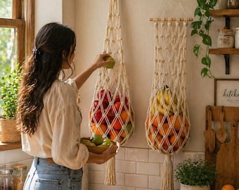 Macrame Fruit Hanging Basket Pattern | Boho Kitchen Storage Organizer (PDF Pattern)