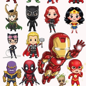 May include: A collection of 12 cartoon-style Marvel superheroes in PNG format. The characters include Captain America, Hulk, Spider-Man, Thor, Loki, Black Panther, Black Widow, Wonder Woman, Catwoman, Iron Man, Deadpool, and The Flash. The image also includes the text "78 MARVEL SUPERHEROES PNGS 300 DPI TRANSPARENT HIGH RESOLUTION 4096Px X 4096Px."