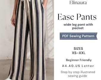 Easy Wide Leg Pants With Pocket Sewing Pattern, Women Pants Sewing Pattern, Drawstring Trousers Pattern, Elastic Waistband Pants XS-XXL