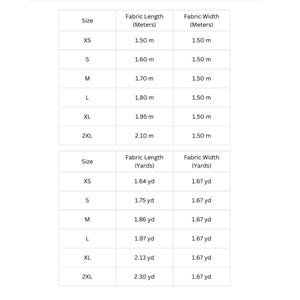 May include: A white sizing chart table displaying fabric length and width measurements in meters and yards for sizes XS through 2XL. The table lists specific values such as 1.50 m, 1.60 m, 1.70 m, 1.80 m, 1.95 m, 2.10 m, 1.64 yd, 1.75 yd, 1.86 yd, 1.97 yd, 2.13 yd, and 2.30 yd.