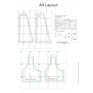 May include: A digital sewing pattern layout for A4 paper, featuring multi-sized pattern pieces with colored outlines, grid lines, and printed instructions. Includes a 2x2 inch test square, printing settings, and labels like Fold Front then sew.
