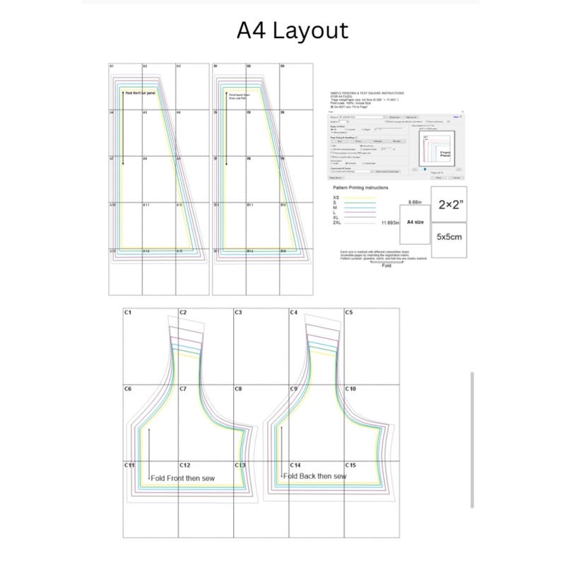 May include: A digital sewing pattern layout for A4 paper, featuring multi-sized pattern pieces with colored outlines, grid lines, and printed instructions. Includes a 2x2 inch test square, printing settings, and labels like Fold Front then sew.