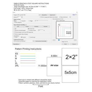 May include: A digital guide for printing sewing patterns, featuring a print dialog box with A4 paper settings, instructions for actual size printing, and a legend showing colored lines for sizes XS to 2XL, plus 2x2 inch and 5x5cm test squares.