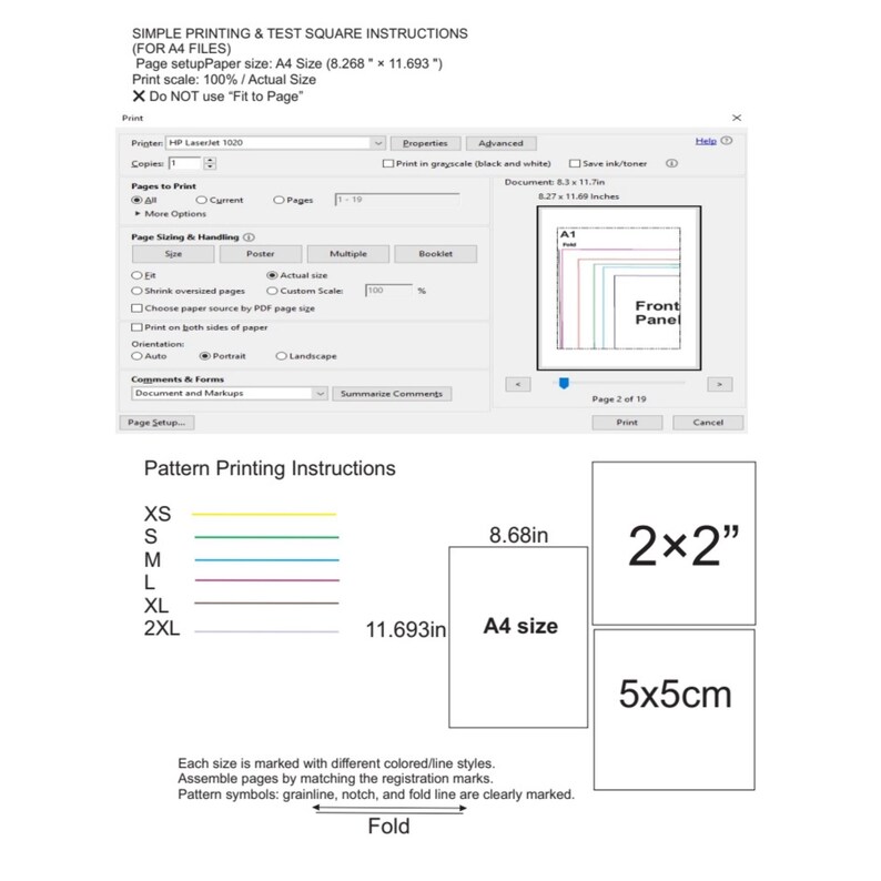 May include: A digital guide for printing sewing patterns, featuring a print dialog box with A4 paper settings, instructions for actual size printing, and a legend showing colored lines for sizes XS to 2XL, plus 2x2 inch and 5x5cm test squares.