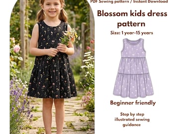 Blossom Kids Schnittmuster, Kinder gestuftes Kleid, Mädchen 1-15 Jahre (Digital PDF)