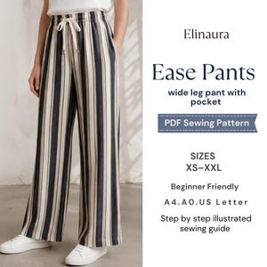 May include: Wide-leg pants featuring a vertical striped pattern in navy blue, beige, and black. The pants have an elastic waistband with a drawstring tie and side pockets. Text includes Elinaura Ease Pants, PDF Sewing Pattern, sizes XS-XXL, Beginner Friendly, A4, A0, US Letter, and step by step illustrated sewing guide.